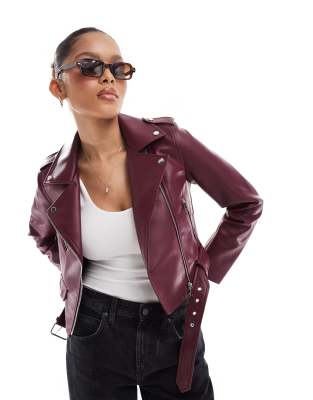 PU buckle detail biker jacket in burgundy-Red