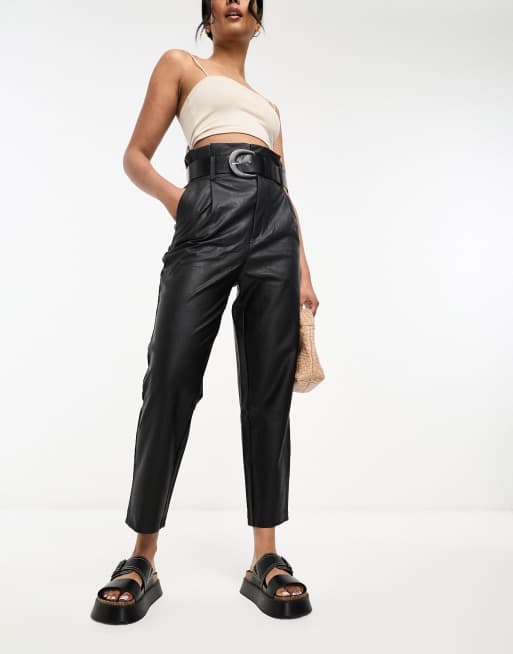 Stradivarius PU trouser in paperbag waist with belt in black