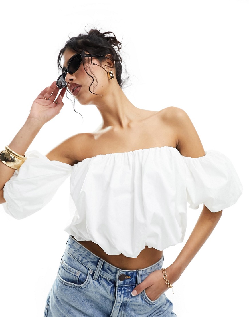 Stradivarius puff detail off the shoulder bandeau top in white