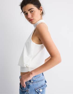 Stradivarius Puff-effect halter top in ecru-White