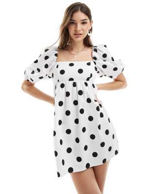 Stradivarius puff sleeve mini dress in spot print 