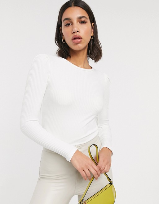 Stradivarius puff sleeve ribbed top in white