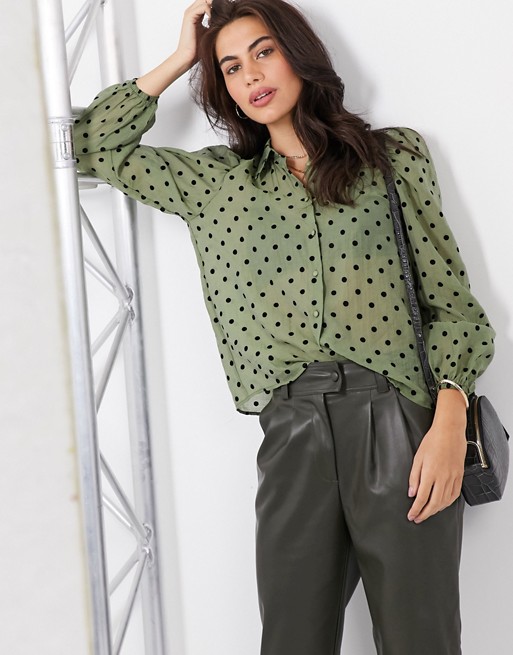 Stradivarius puff sleeve shirt in green with dots