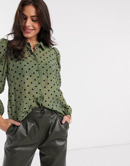 Stradivarius puff sleeve shirt in green with dots