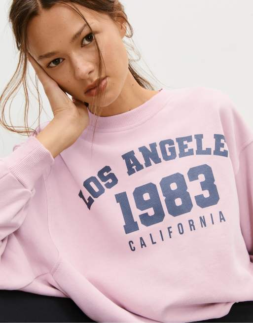 Stradivarius Puff sleeve sweatshirt with placement print in bubblegum pink, 3 of 4