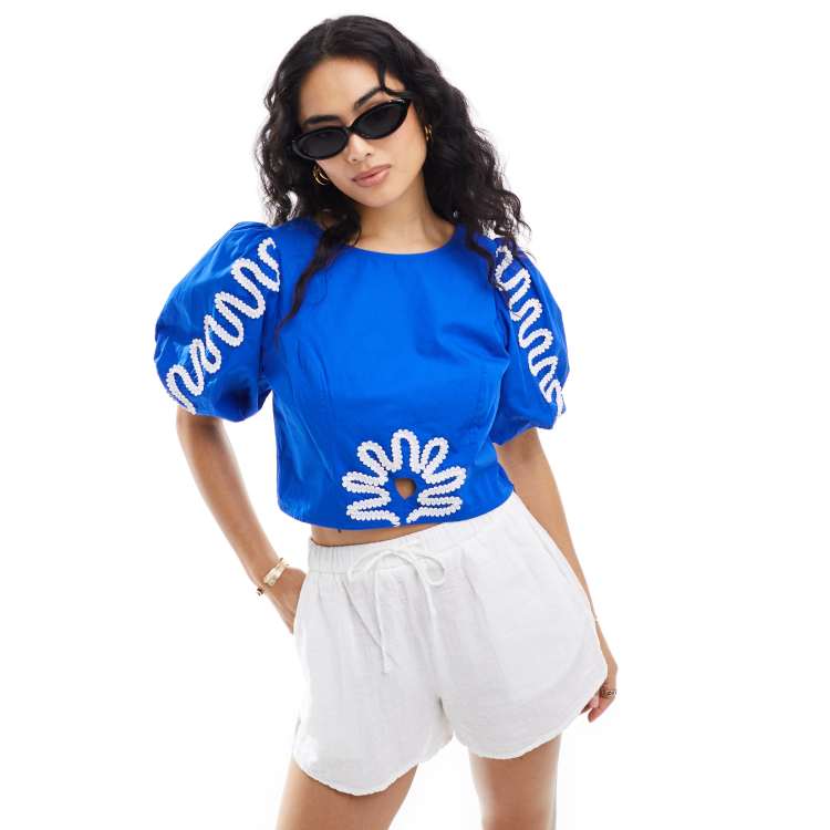トップス Herlipto Cropped Puff Sleeve Knit Top Azure Puff Sleeve Bubble Crop Top | Lime Lush Boutique