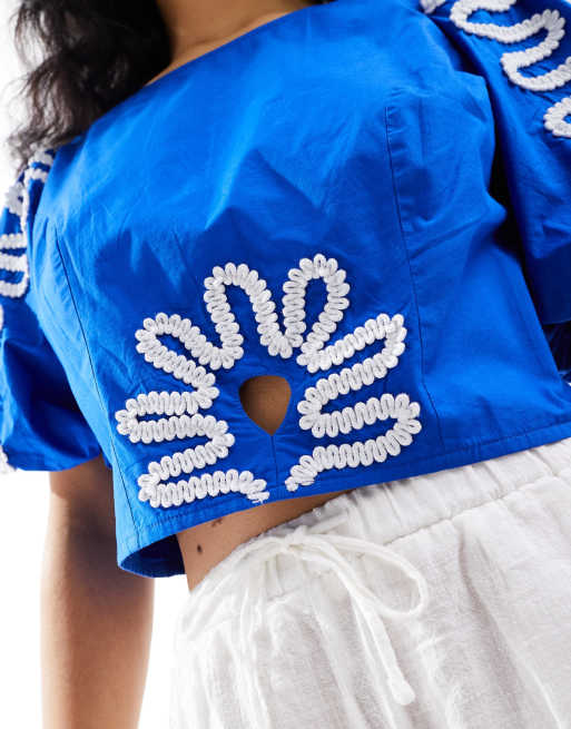 Stradivarius puff sleeve top with embroidery detail in blue