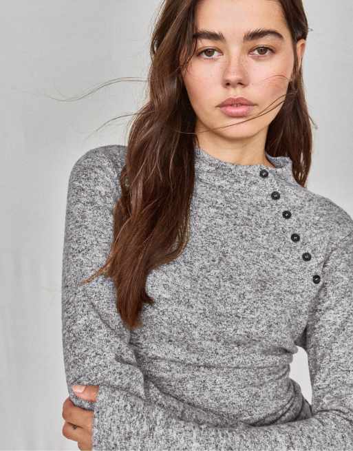 Stradivarius pull à col cheminée boutonné gris chiné, 5 de 7