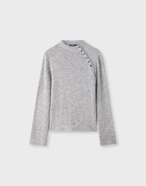 Stradivarius pull à col cheminée boutonné gris chiné, 6 de 7