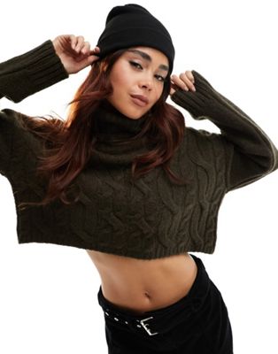 Stradivarius high neck cable knit jumper in bitter chocolate - ASOS Price Checker