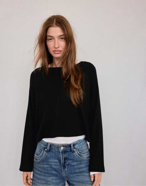 Stradivarius pull à manches raglan noir, 2 de 7