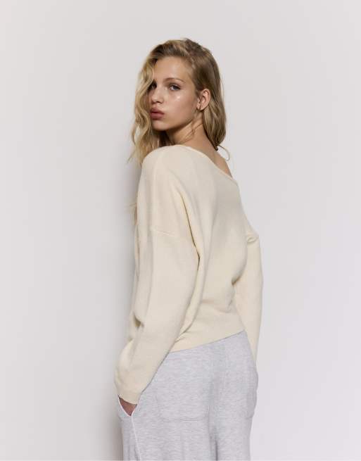 Stradivarius - Pull asymétrique en maille - Écru, 3 de 7
