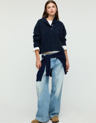 Pull boutonné en maille - Bleu marine S
