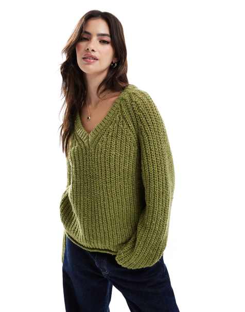Stradivarius - Pull chunky à col V - Vert - view 1