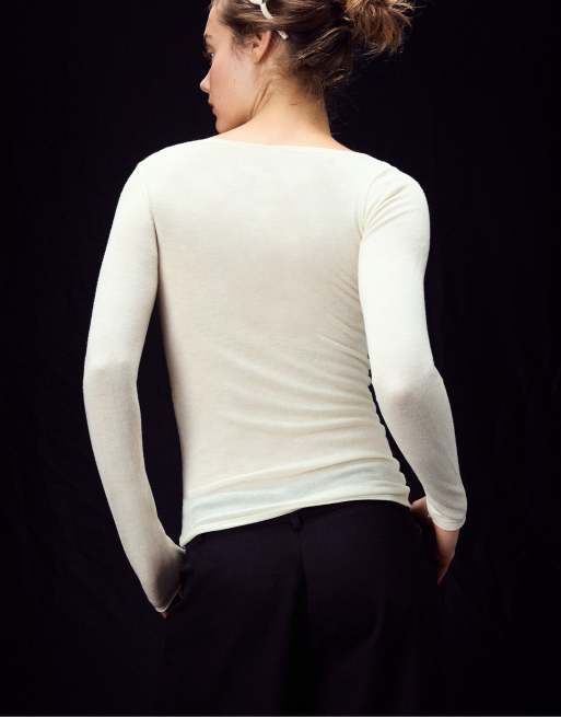 Stradivarius pull col bateau en laine et soie couleur vanille, 2 de 6