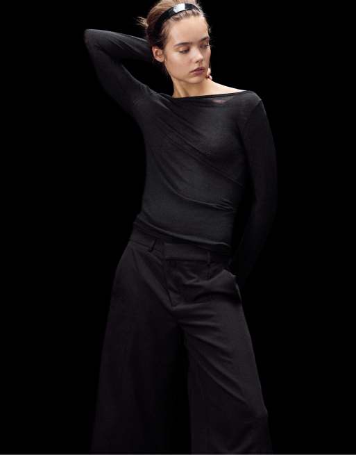 Stradivarius pull col bateau en laine et soie noir, 4 de 7