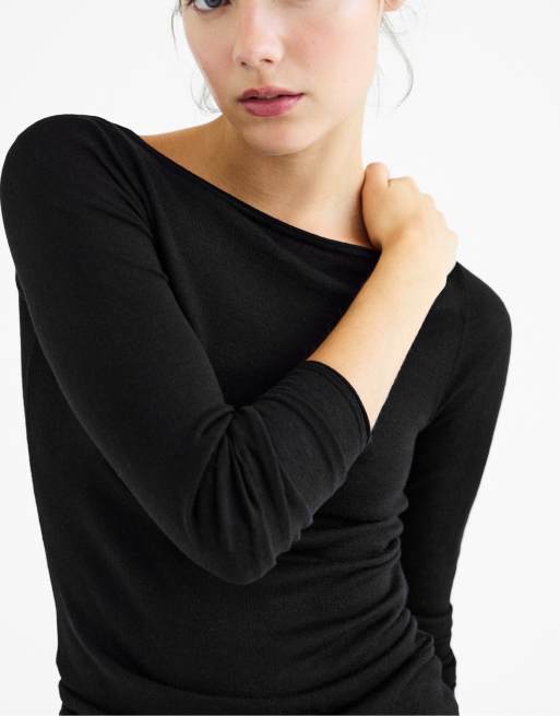 Stradivarius pull col bateau en laine et soie noir, 5 de 7