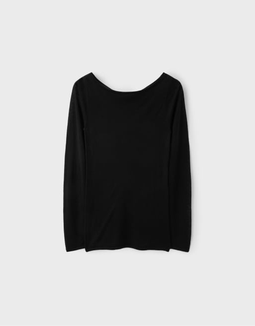 Stradivarius pull col bateau en laine et soie noir, 6 de 7