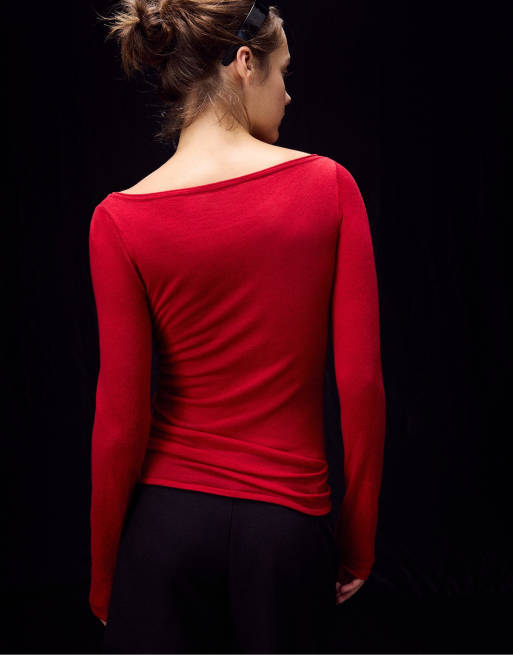 Stradivarius pull col bateau en laine et soie rouge, 3 de 7