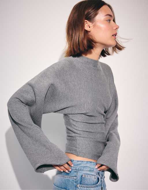 Stradivarius pull en maille à col montant et manches kimono en gris foncé, 2 de 7