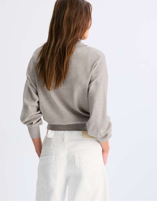 Stradivarius pull en maille à col polo couleur pierre, 2 de 6