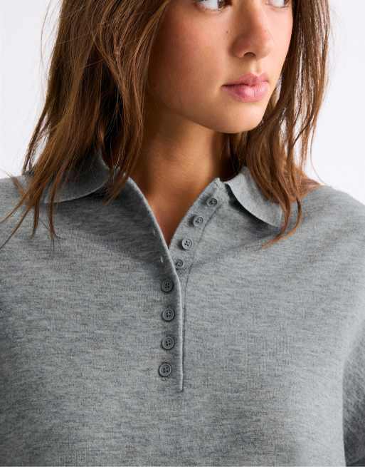 Stradivarius pull en maille à col polo gris chiné, 3 de 5