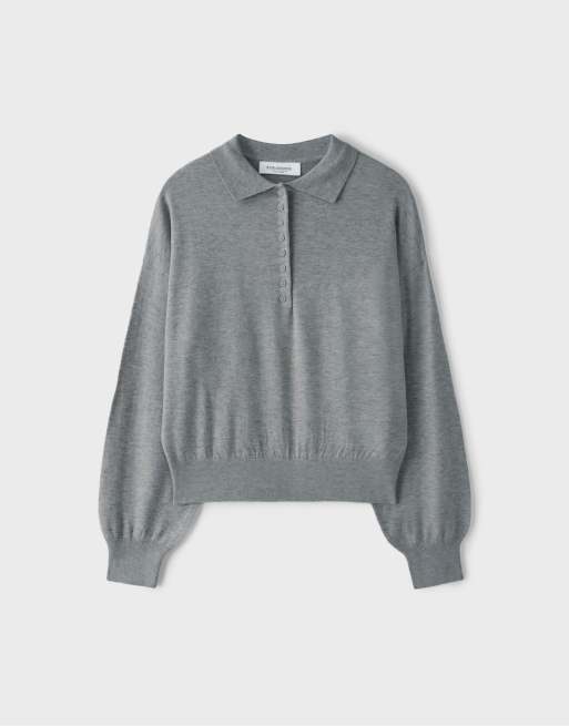Stradivarius pull en maille à col polo gris chiné, 4 de 5