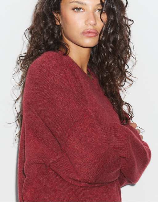 Stradivarius pull en maille à col rond bordeaux foncé, 4 de 7