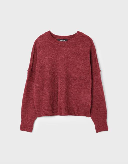 Stradivarius pull en maille à col rond bordeaux foncé, 6 de 7