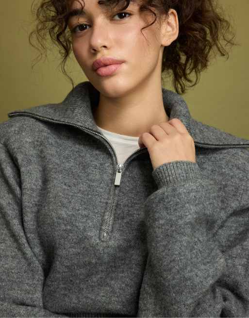 Stradivarius pull en maille à épaules rembourrées et zip 1/4 gris foncé, 4 de 7