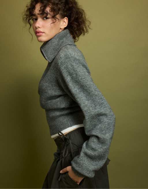 Stradivarius pull en maille à épaules rembourrées et zip 1/4 gris foncé, 5 de 7