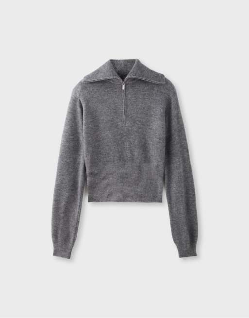 Stradivarius pull en maille à épaules rembourrées et zip 1/4 gris foncé, 6 de 7