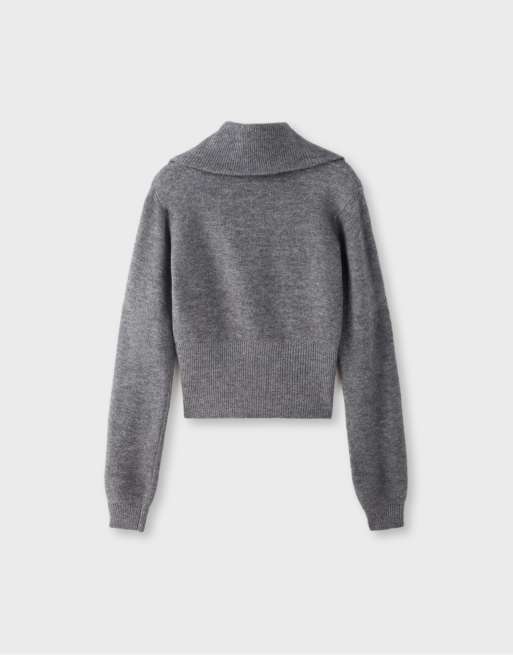Stradivarius pull en maille à épaules rembourrées et zip 1/4 gris foncé, 7 de 7