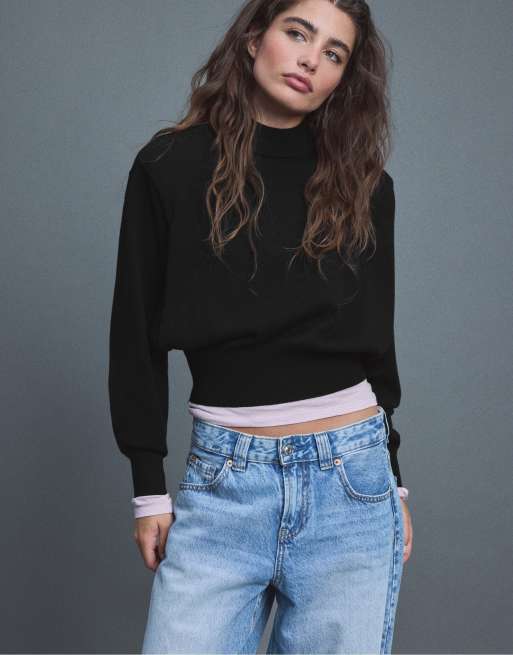 Stradivarius pull en maille à épaules rembourrées noir, 2 de 7