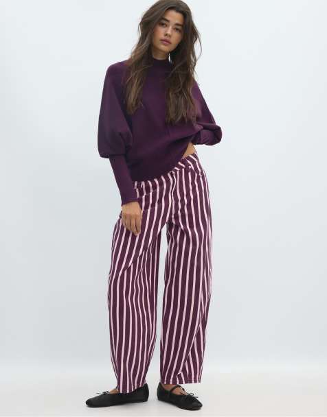 Stradivarius pull en maille à manches chauve-souris et col montant violet foncé - view 1