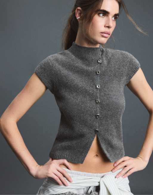 Stradivarius pull en maille à manches courtes et col montant gris foncé, 5 de 7