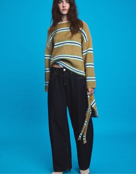 Stradivarius pull en maille avec écharpe vert olive - view 1