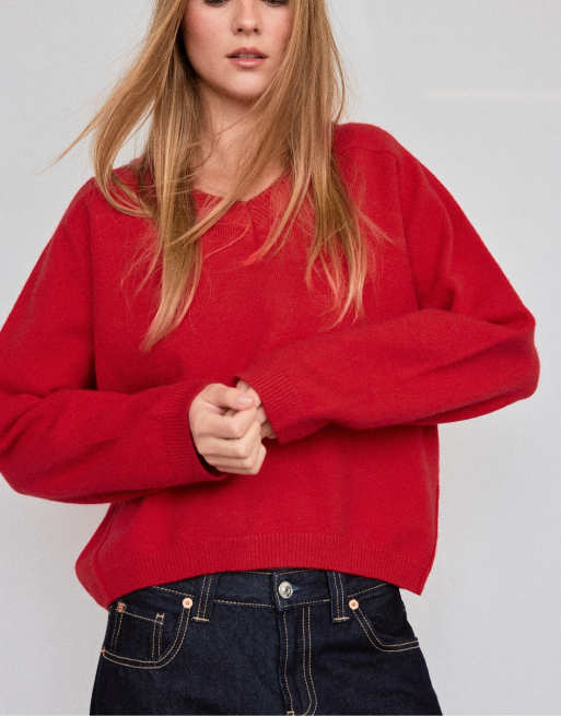 Stradivarius pull en maille basique col V rouge, 2 de 7