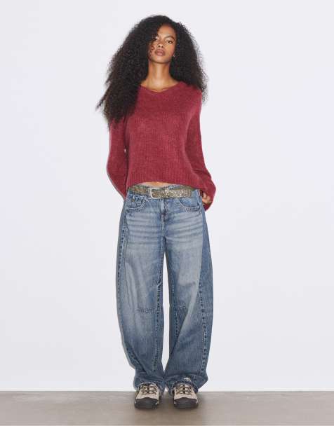 Stradivarius pull en maille col V rouge foncé - view 1