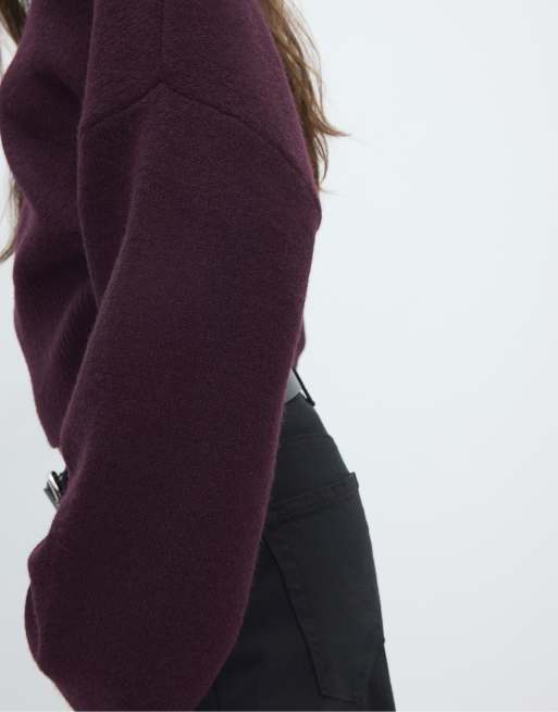 Stradivarius pull en maille douce à taille élastiquée aubergine, 4 de 7