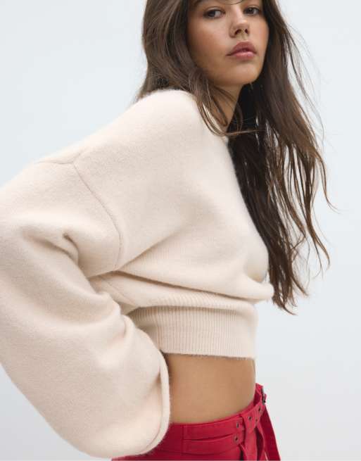 Stradivarius pull en maille douce à taille élastiquée couleur pierre, 2 de 7
