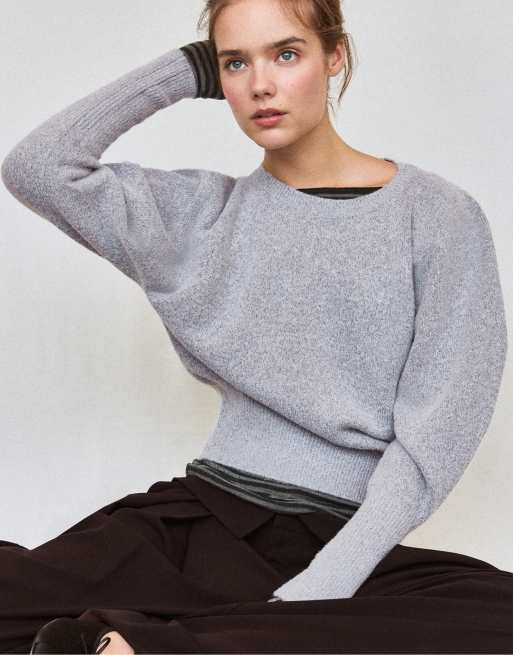 Stradivarius pull en maille doux au toucher à manches bouffantes, gris chiné, 5 de 7