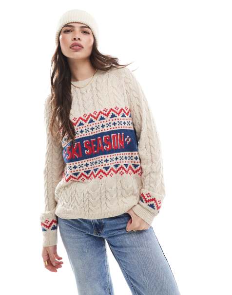 Stradivarius - Pull en maille torsadée motif ski - Écru - view 1
