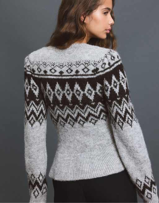 Stradivarius pull jacquard péplum gris chiné, 4 de 7