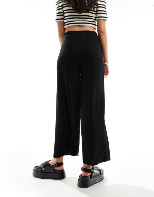 Stradivarius pull-on linen look cropped pants in black