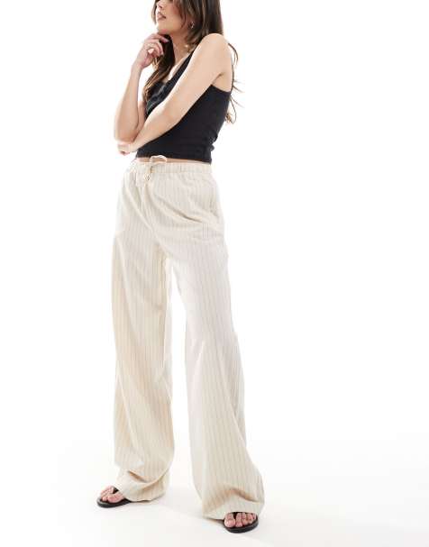 Stradivarius pull on pants in beige pinstripe - view 1
