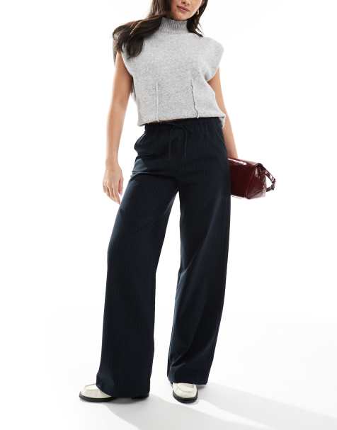 Stradivarius pull on pants in navy pinstripe - view 1