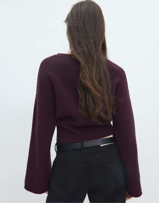 Stradivarius Pullover mit weichem Strickbund in Aubergine, 3 von 7
