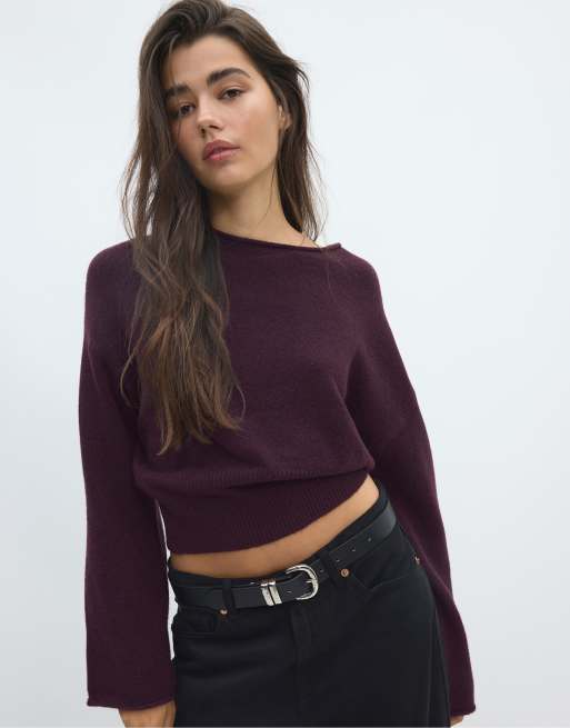 Stradivarius Pullover mit weichem Strickbund in Aubergine, 5 von 7