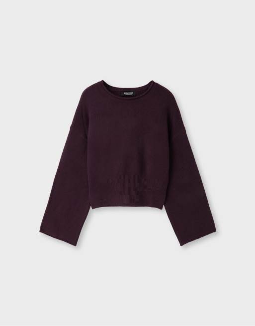 Stradivarius Pullover mit weichem Strickbund in Aubergine, 6 von 7
